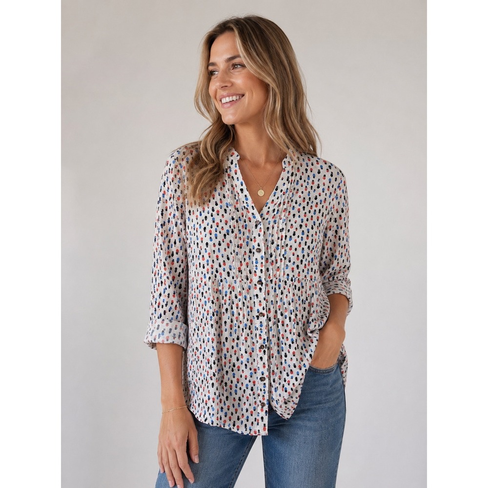 Maeve Anthropologie Snowman Print Pintuck Blouse Cream Red Blue Women Size 4